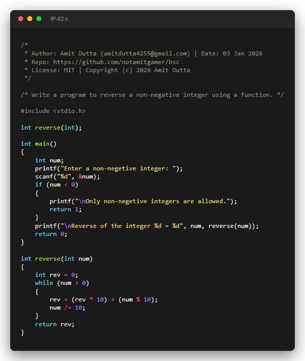 Write a program to reverse a non-negative integer using a function.